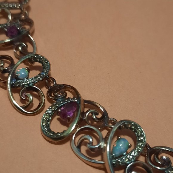 Gold Plated Silver with diamond accents, opals, pink sapphires - 17 inches - Picture 4 of 12